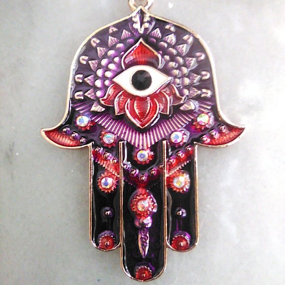 Beautiful HAMSA "Hand of God" Purple Enamel Rhinestone Art Pendant & Necklace - Picture 4 of 6